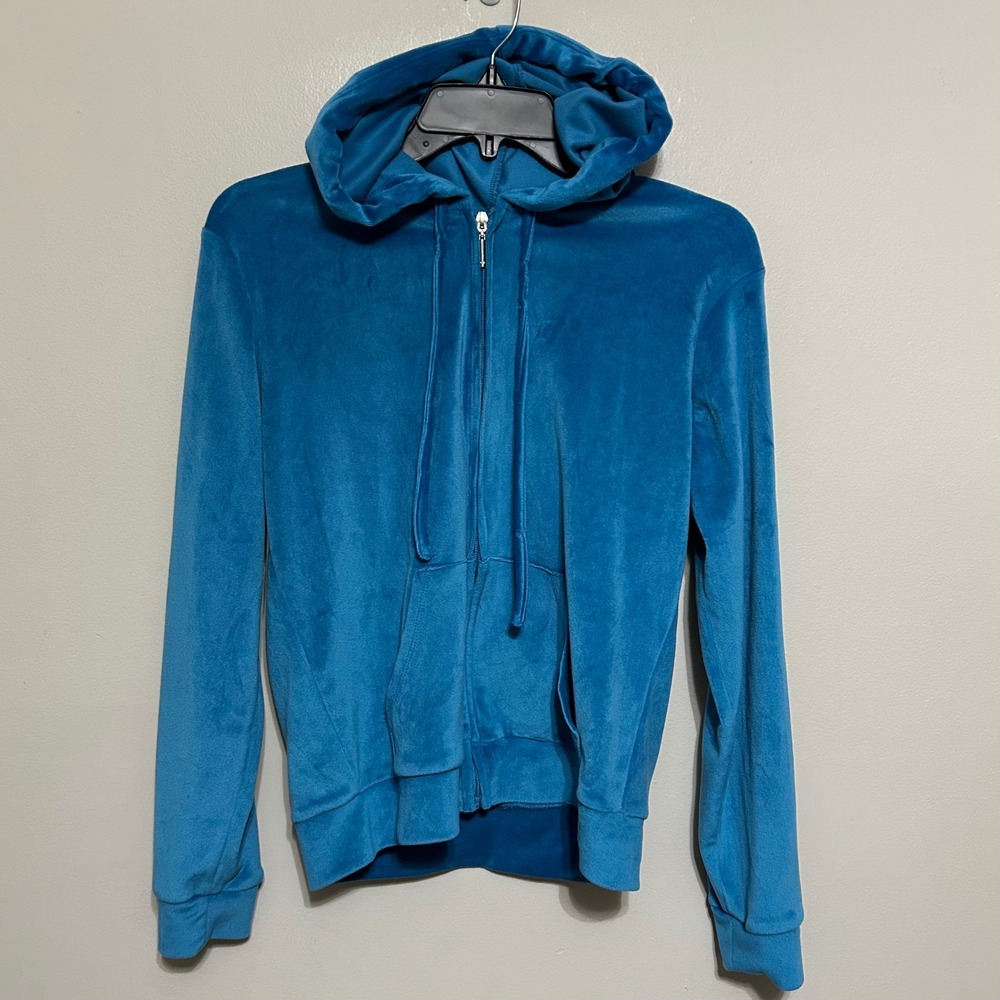 NY&C New York Company Womens Sweater S Blue Velour Zip Hooded Lightweight Jacket